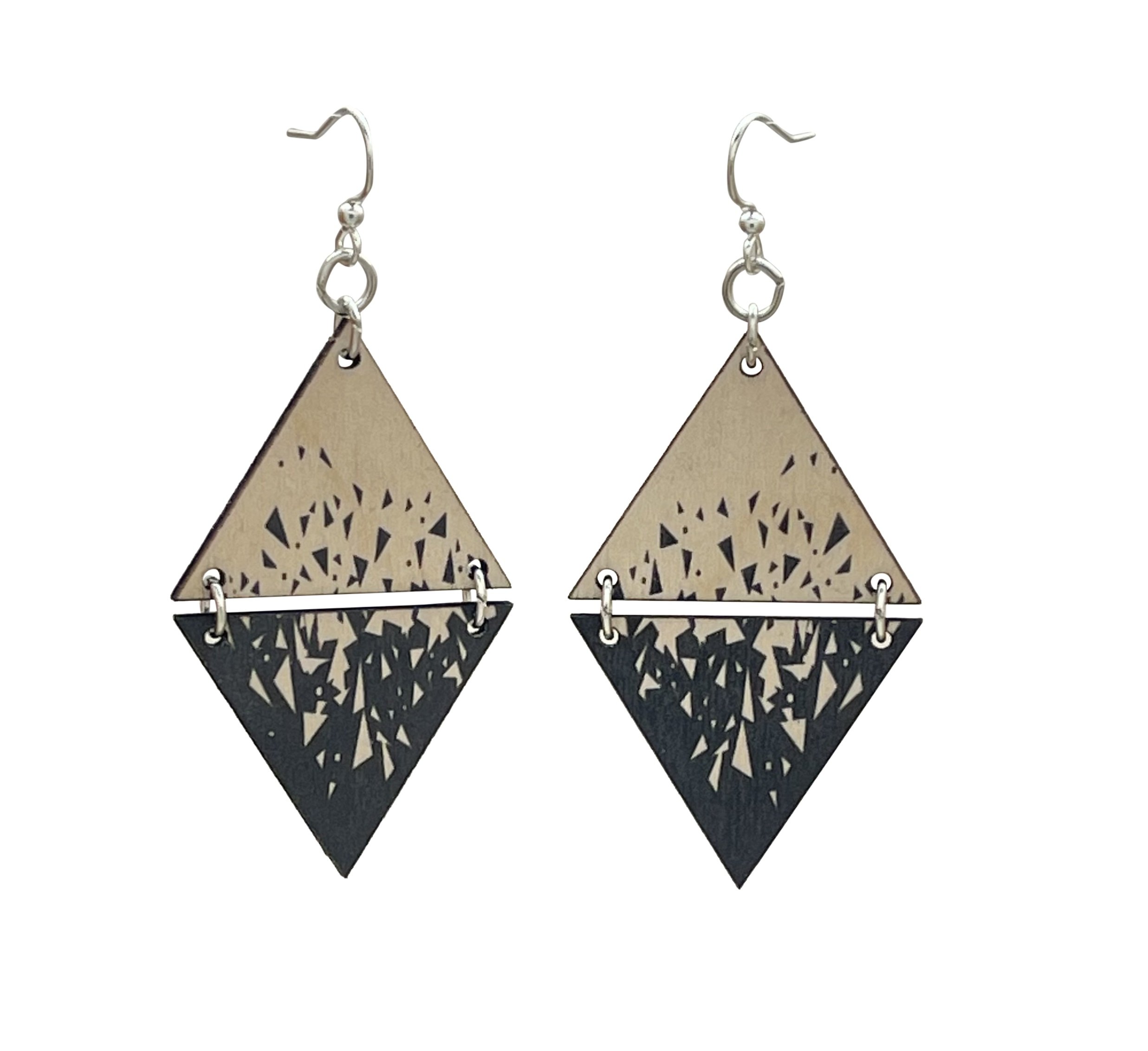 A pair of Shattered Triangle Earrings made from sustainably sourced wood with silver-finished stainless steel ear wires, showcasing a unique design.