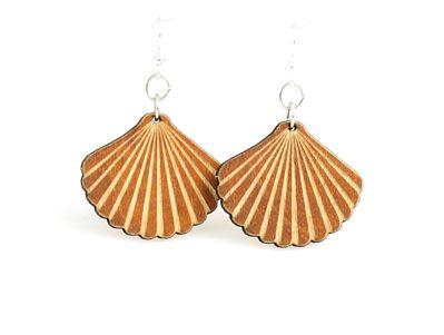 Elegant Shell Earrings #1455 made from sustainably sourced wood, featuring a cinnamon color and hypoallergenic silver-finished ear wires.