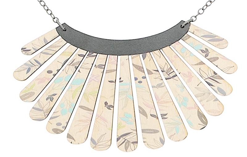 Shell Necklace #6118A featuring a bib style design made from sustainably sourced wood with a stainless steel chain.