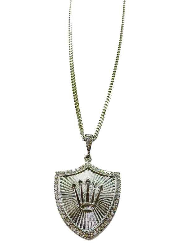 A stylish Shield Pendant Long Necklace featuring a shield-shaped pendant and a lobster claw clasp, perfect for layering or solo wear.