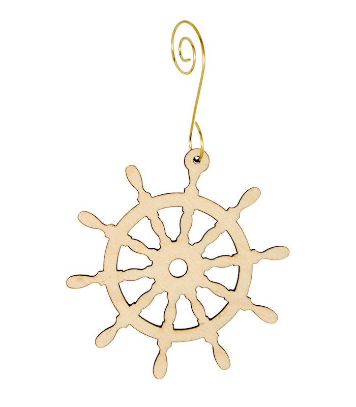 Ship Wheel Ornament #9931 made from eco-friendly birch wood, featuring intricate laser-cut details and a water-based dye finish.