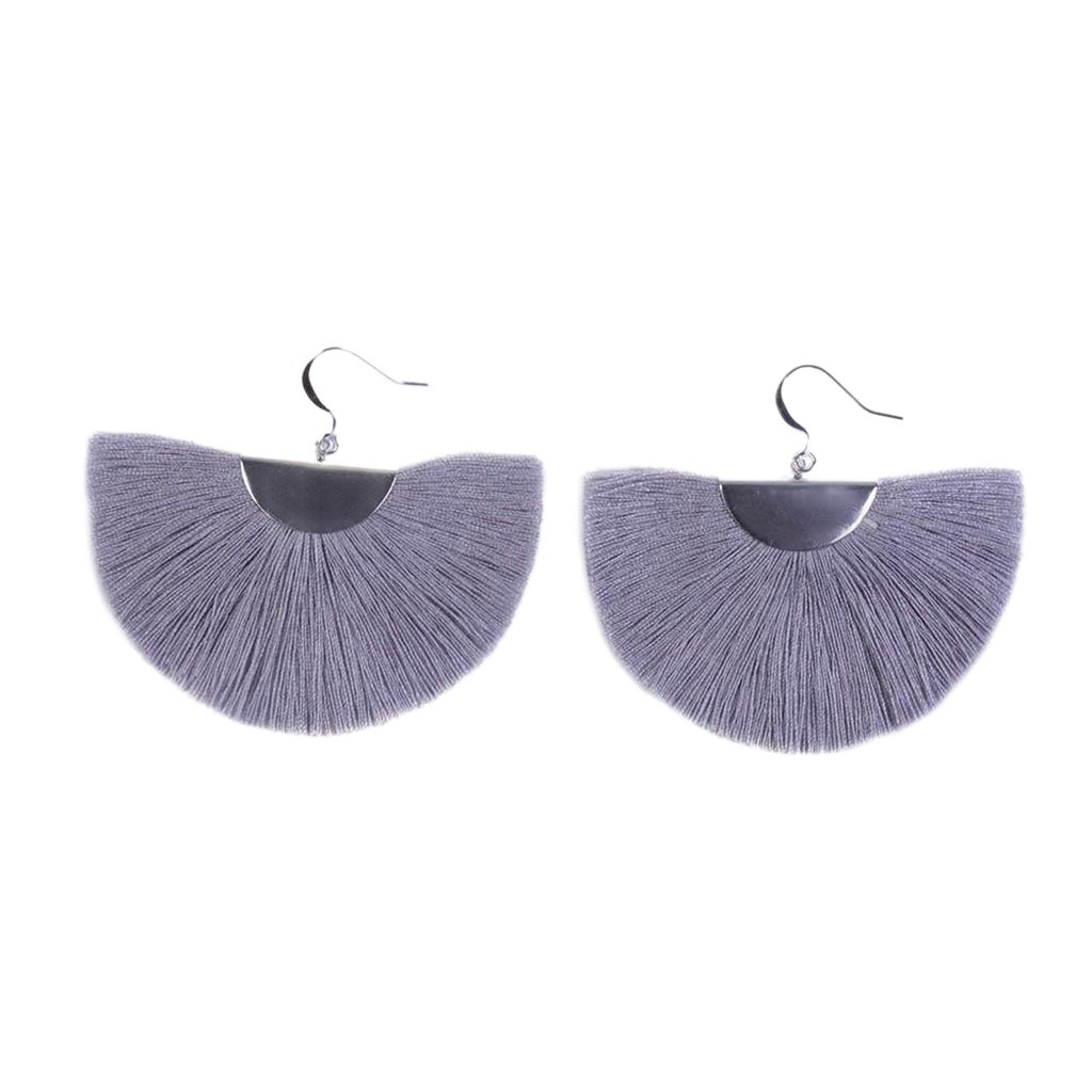 A pair of Silver Half Moon Fan Earrings featuring a cotton fan design and silver hooks, showcasing their bohemian style and lightweight nature.