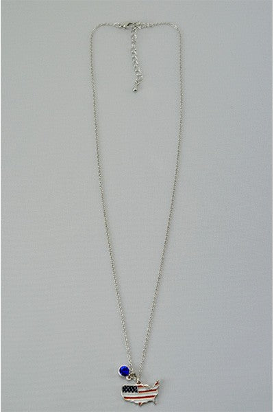 Silver plated necklace featuring an American flag design, with a lobster claw clasp and extender.