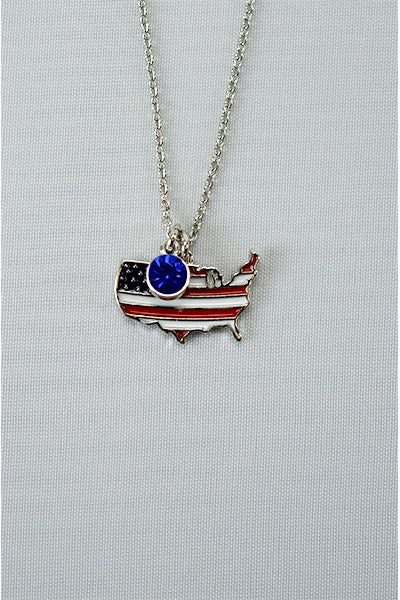 Silver plated necklace featuring an American flag design, with a lobster claw clasp and extender.