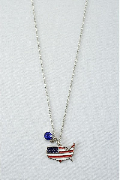 Silver plated necklace featuring an American flag design, with a lobster claw clasp and extender.