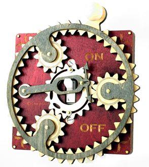 Wine Single Planetary Switch Plate 8002B featuring a gear handle, made of wood in wine, gray, and natural tones.