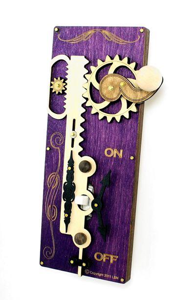 Purple Single Rack & Pinion Switch Plate 8000B with gear handle, showcasing vibrant purple and natural wood design.