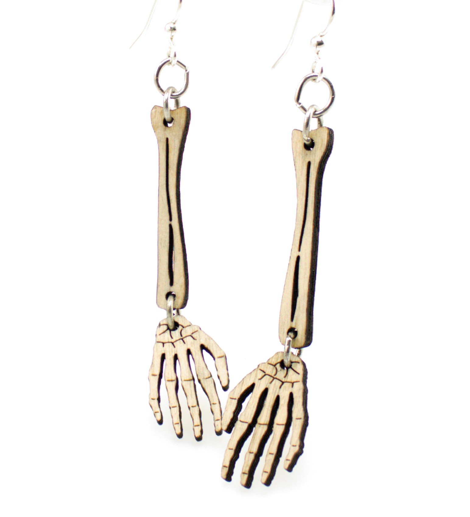 Skeleton Hand #1244 earrings made from lightweight laser-cut wood with hypoallergenic stainless steel ear wires, featuring a spooky design.