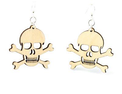 A pair of Skull and Crossbone Earrings made from sustainably sourced wood, featuring a natural wood finish and silver-finished stainless steel ear wires.