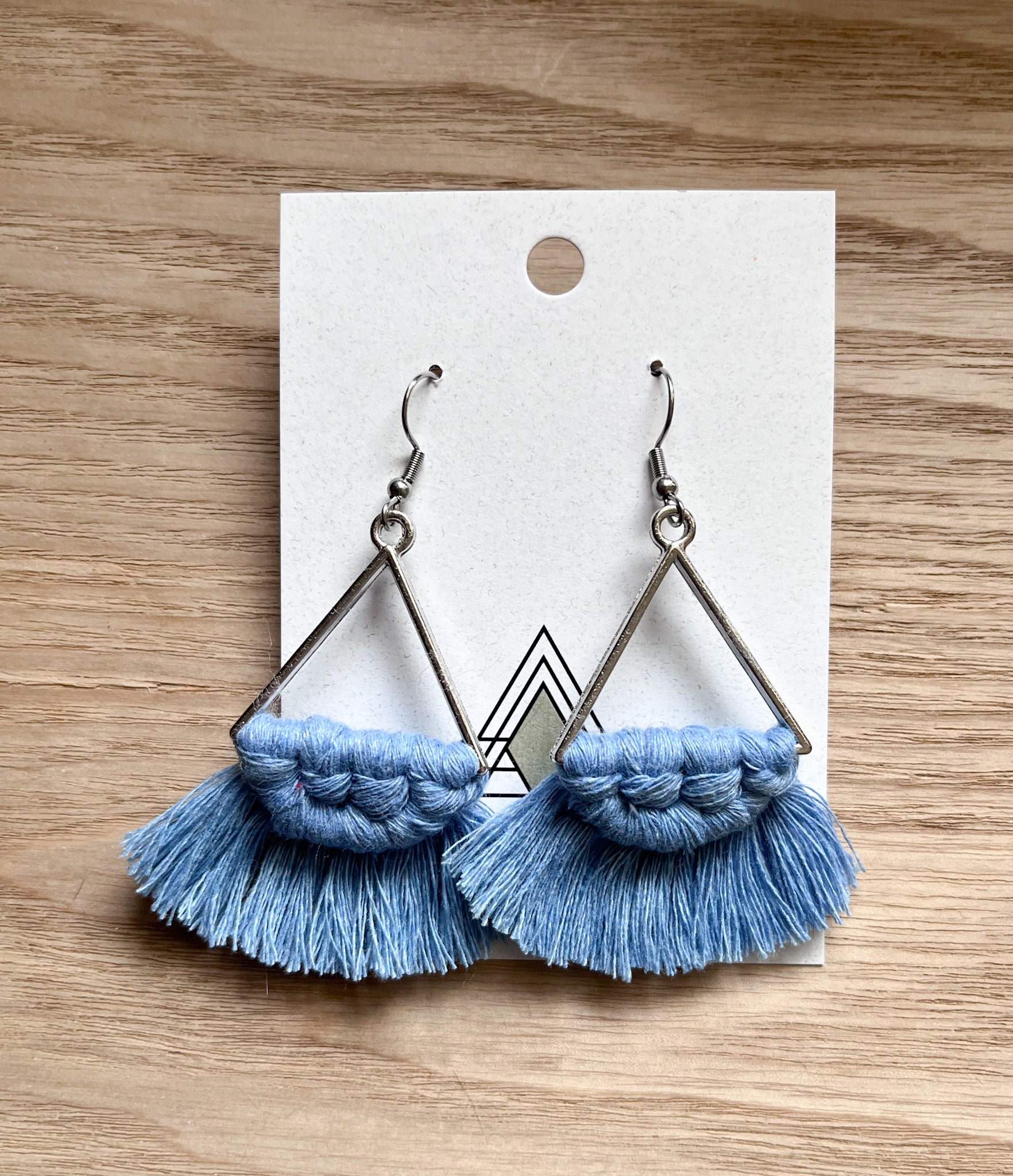 Sky Blue Triangle Earrings made from 100% macrame cotton, featuring a lightweight and hypoallergenic design.