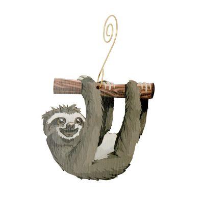 A charming Sloth Ornament #9943 made from eco-friendly birch wood or recycled paper, featuring a whimsical design perfect for holiday decor.