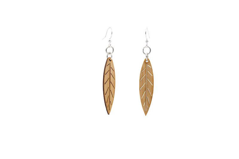 Small Leaf Bamboo Earrings #974 featuring an elegant leaf design, made from sustainable bamboo, showcasing a natural look.