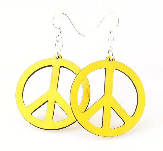 Small Peace Sign Earrings in Lemon Yellow, made from sustainably sourced wood with stainless steel ear wires.