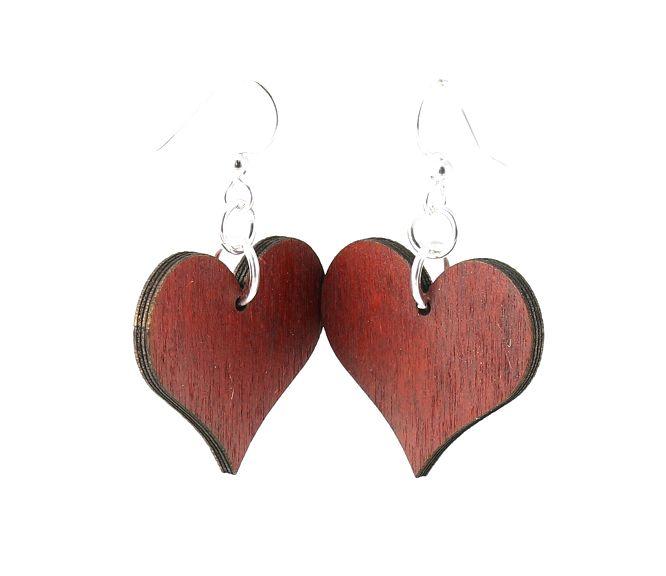 A pair of Small Solid Heart Earrings in Cherry Red, made from sustainably sourced wood with silver-finished stainless steel ear wires.