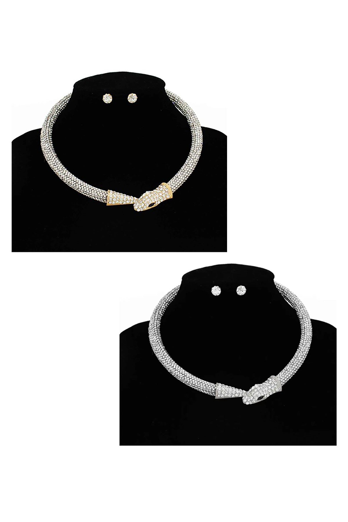 A stylish Snake Wrap Crystal Necklace featuring a unique snake design with sparkling crystal accents, adjustable length, and a diameter of 5 inches.