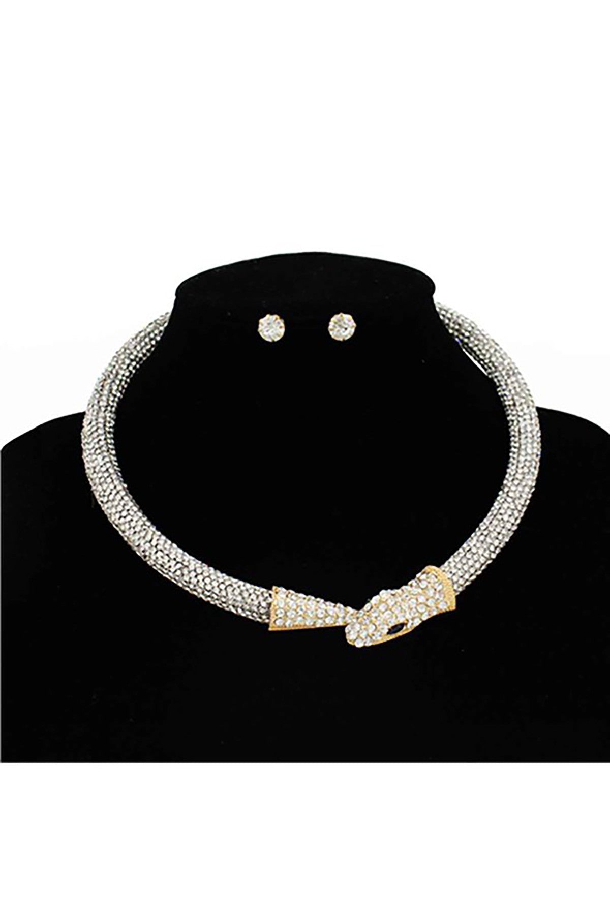 A stylish Snake Wrap Crystal Necklace featuring a unique snake design with sparkling crystal accents, adjustable length, and a diameter of 5 inches.