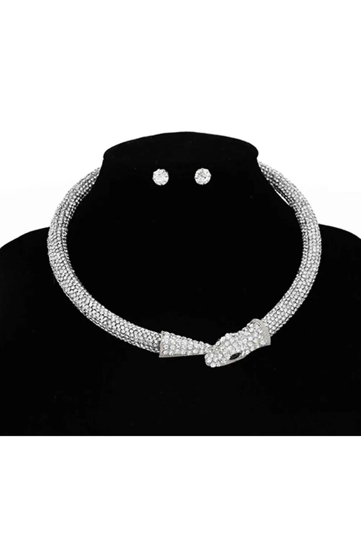 A stylish Snake Wrap Crystal Necklace featuring a unique snake design with sparkling crystal accents, adjustable length, and a diameter of 5 inches.