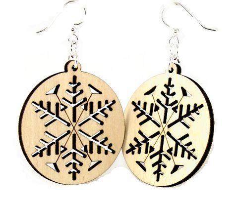 Elegant Snowflake Earrings #1336 made from sustainably sourced wood, featuring a unique six-sided design and silver-finished hypoallergenic ear wires.