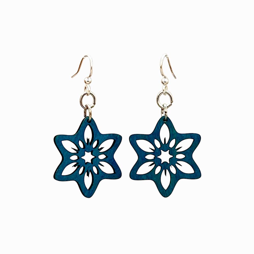 Elegant Snowflake Flower Earrings in Royal Blue, made from sustainably sourced wood with silver-finished stainless steel ear wires.