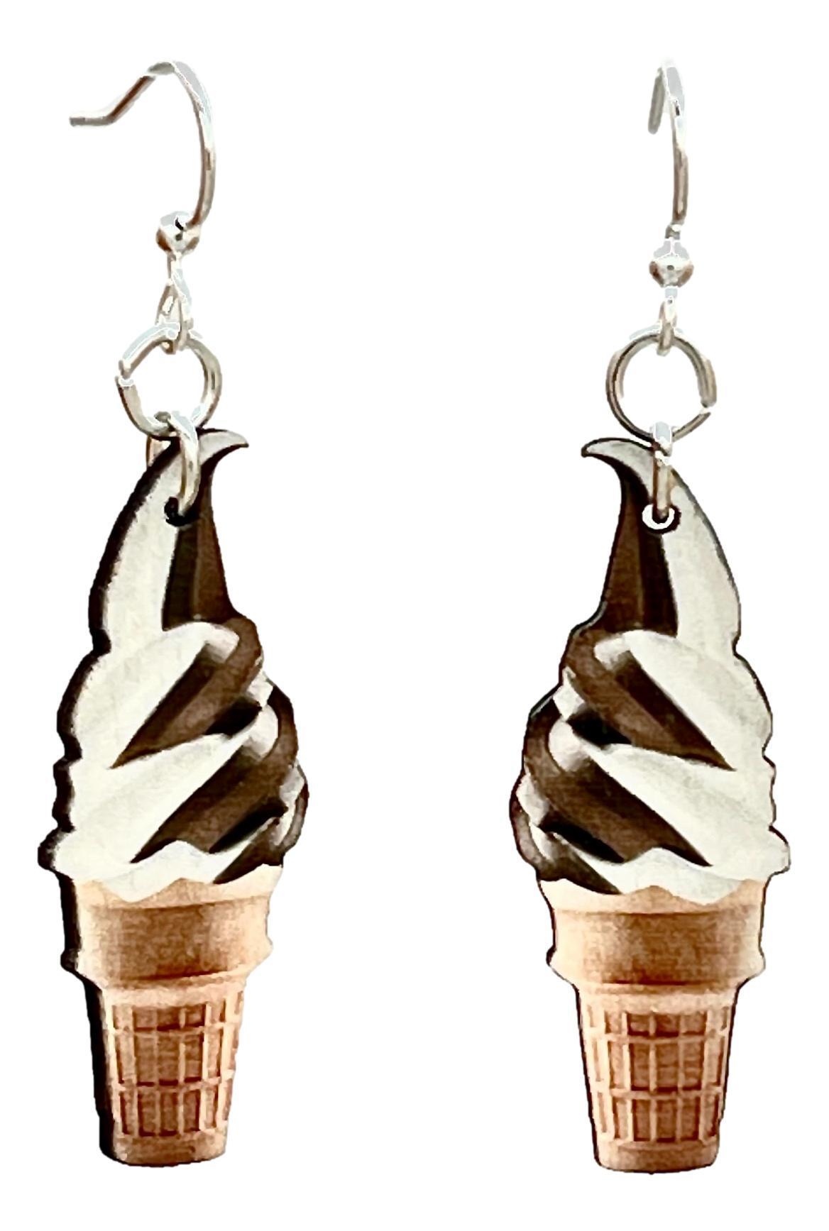 A pair of Soft Serve Ice Cream Earrings made from sustainably sourced wood, featuring a playful design with a natural wood back and silver-finished stainless steel ear wires.