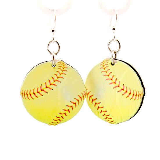 A pair of Softball Earrings #1607 made from lightweight laser-cut wood, featuring a vibrant softball design on the front and a natural wood back.