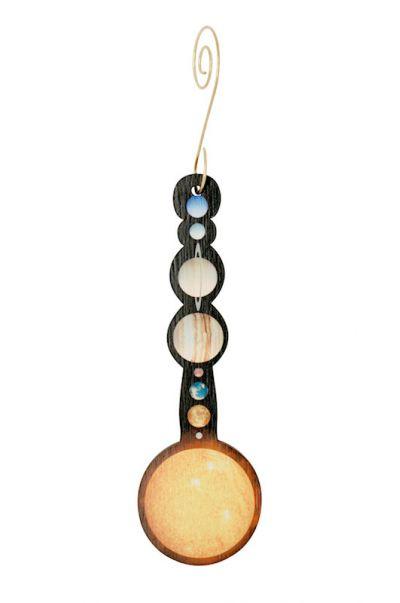 Solar System Ornament #9944 made from eco-friendly birch wood or recycled paper, featuring a celestial design and glossy finish.