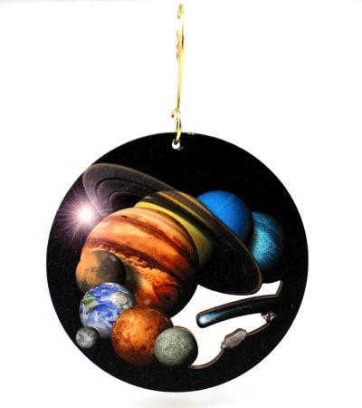 Solar System Round Ornament #9984 made from eco-friendly birch wood or recycled paper, featuring a detailed cosmic design.