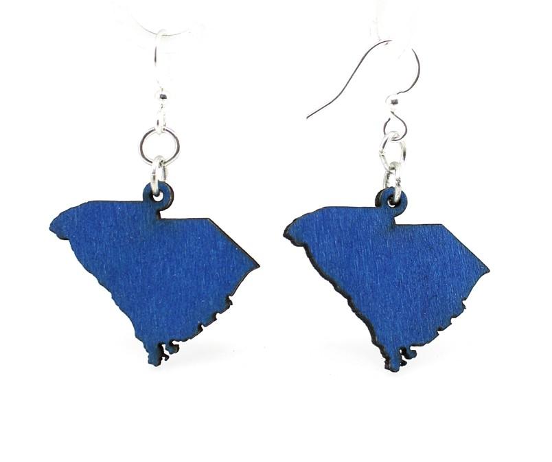 A pair of South Carolina state earrings made from lightweight blue laser-cut wood, featuring hypoallergenic stainless steel ear wires.