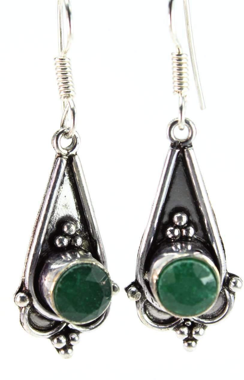 Sparkling Green Cabochon Earrings featuring deep green glass in a faceted cut with classic silver tone antique style.