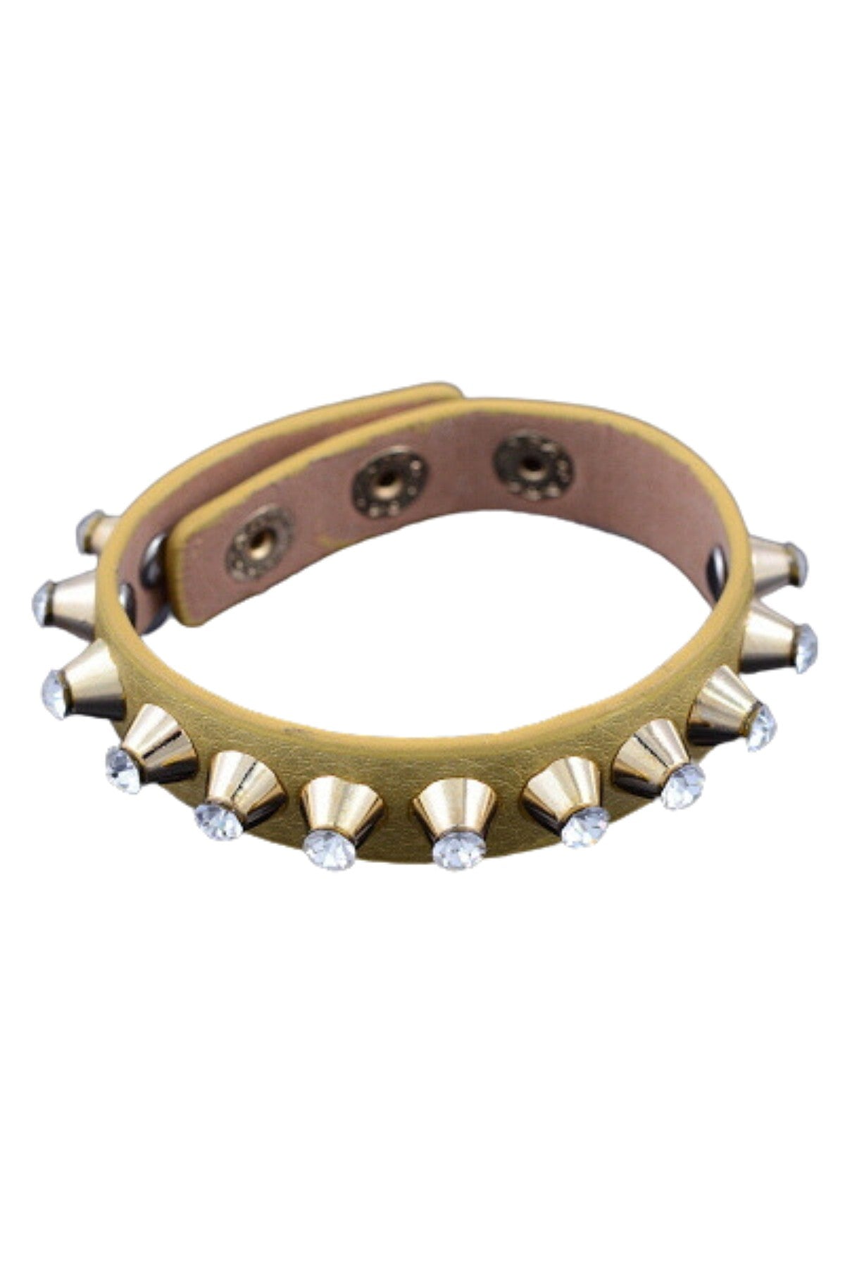 A stylish spiked crystal bracelet made of faux leather with a snap button closure, featuring a unique design.