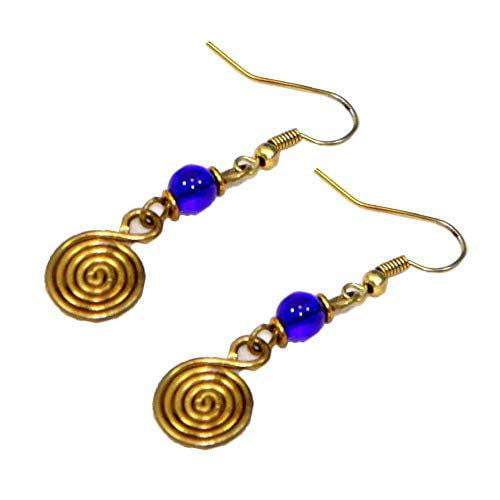 Spiral Women drop African brass Earrings featuring coiled design, colorful beads, and silver hooks, showcasing unique handmade craftsmanship.