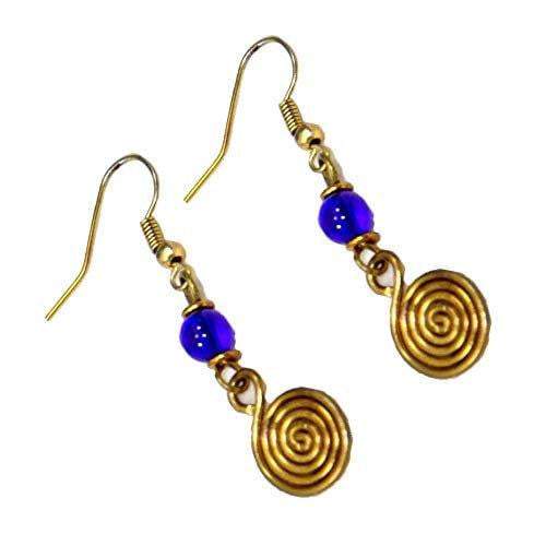 Spiral Women drop African brass Earrings featuring coiled design, colorful beads, and silver hooks, showcasing unique handmade craftsmanship.