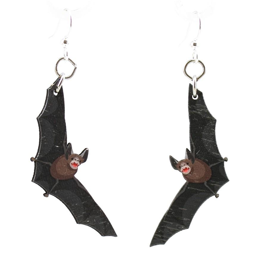 A pair of Spooky Bat Earrings made from sustainably sourced wood, featuring intricate laser-cut designs and silver-finished hypoallergenic ear wires.