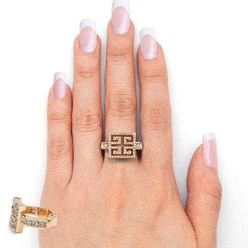 A stylish Square Greek Key Rhinestone Stretch Ring featuring a unique design and sparkling rhinestones, perfect for any occasion.