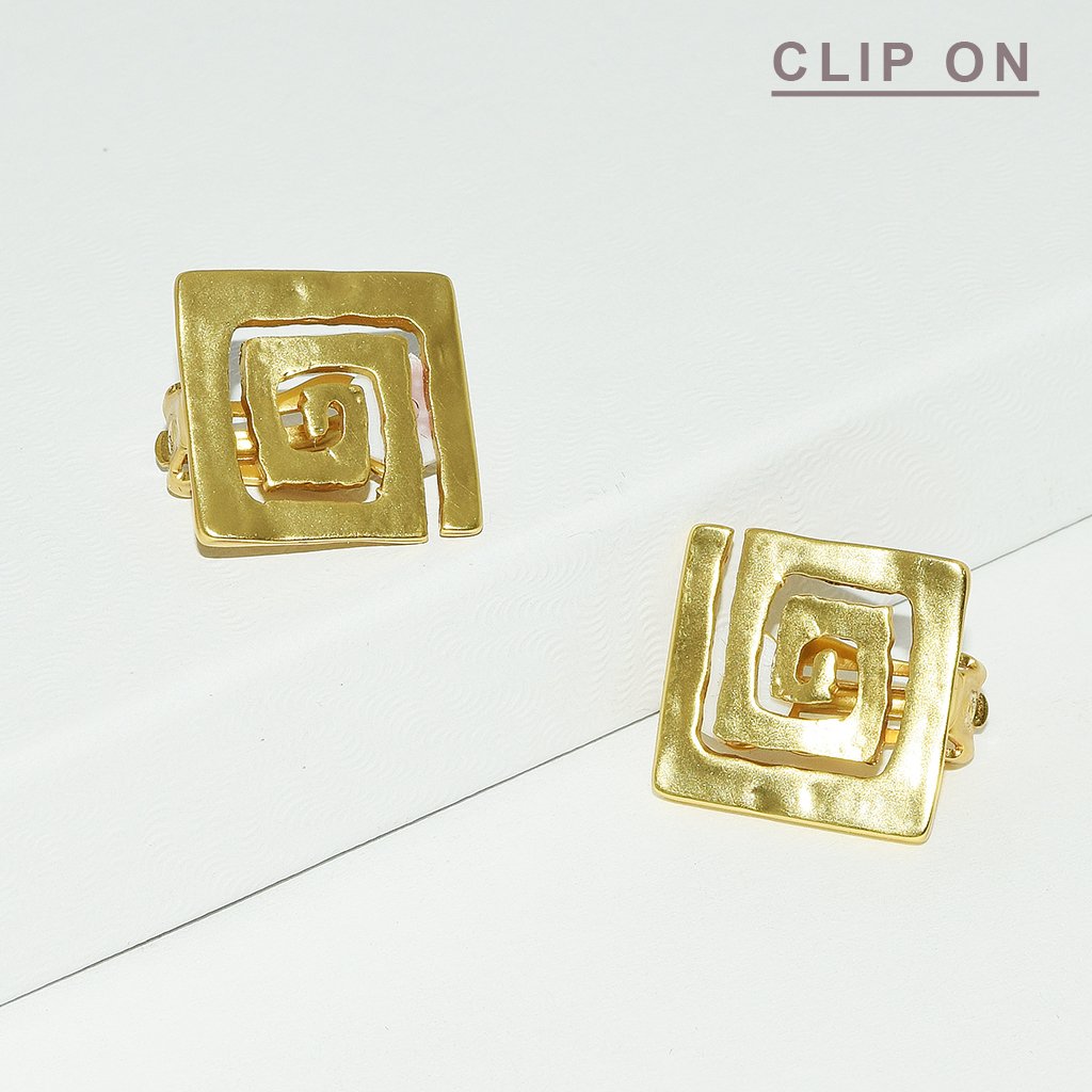 A pair of elegant square spiral clip earrings featuring a textured hammered finish, available in gold, silver, and rose gold plating.