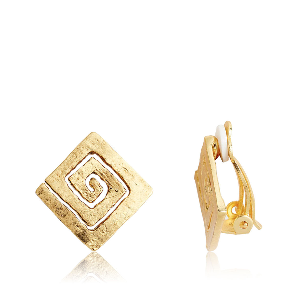 A pair of elegant square spiral clip earrings featuring a textured hammered finish, available in gold, silver, and rose gold plating.