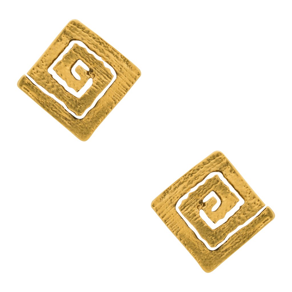 A pair of square spiral earrings with a hammered finish, showcasing their unique design and available in gold and silver plating.