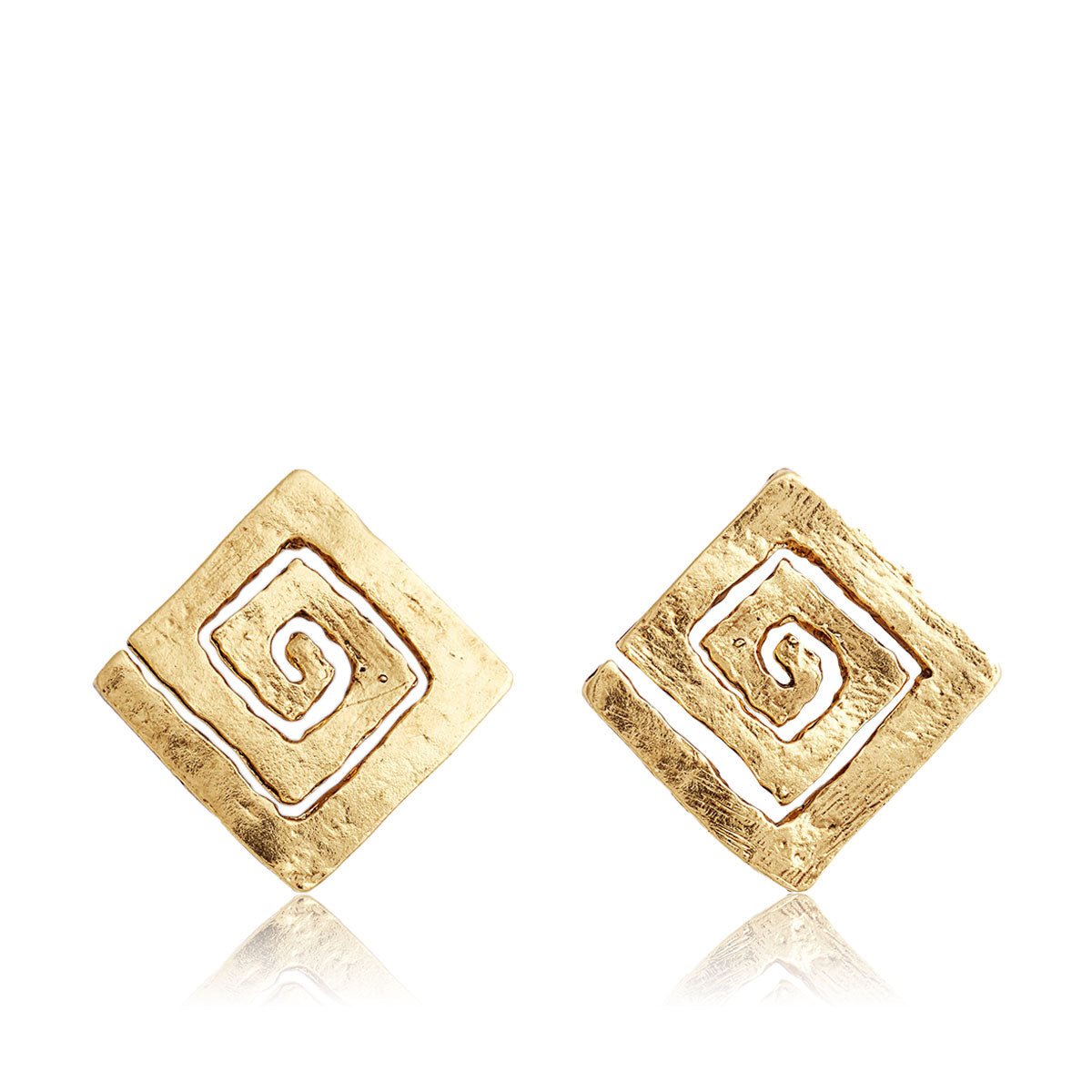 A pair of square spiral earrings with a hammered finish, showcasing their unique design and available in gold and silver plating.