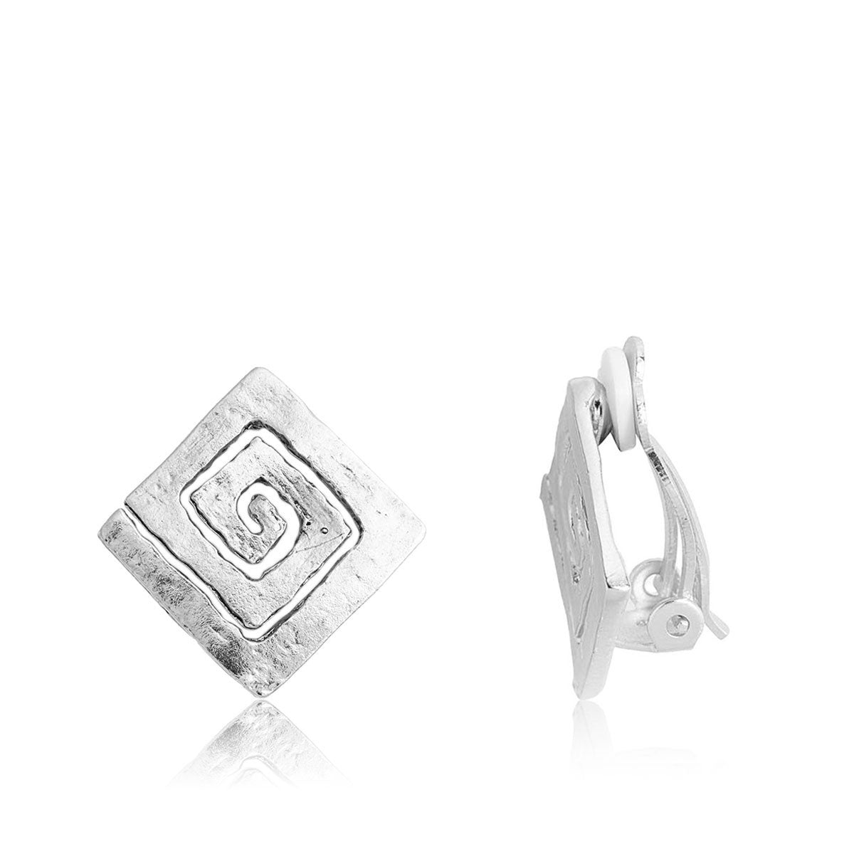 A pair of square spiral earrings with a hammered finish, showcasing their unique design and available in gold and silver plating.