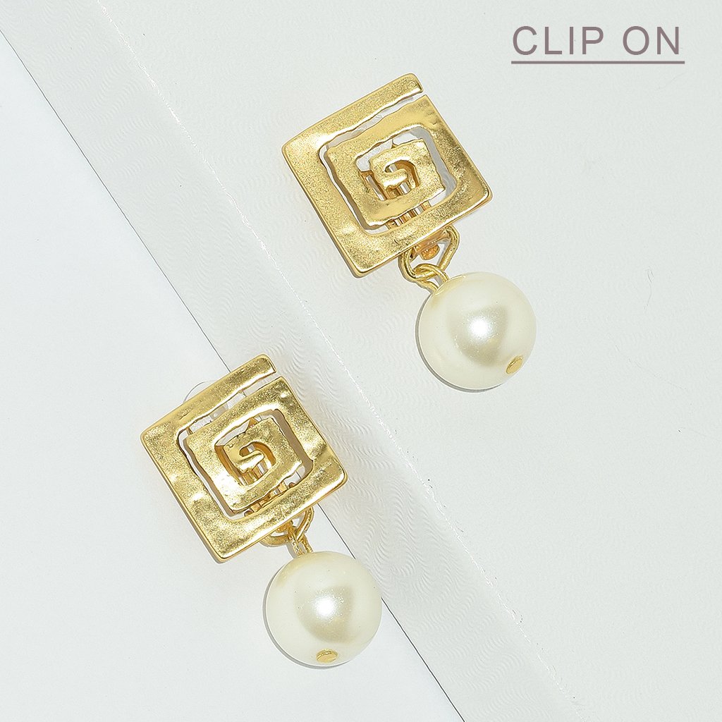 Square Spiral X Pearl Clip Earrings featuring a hammered finish and opalescent faux pearl drop, available in gold, silver, and rose gold.