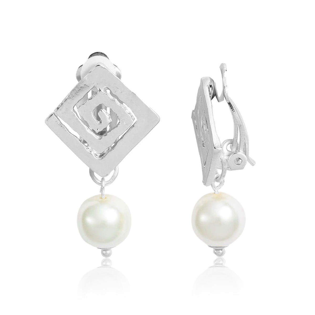 Square Spiral X Pearl Clip Earrings featuring a hammered finish and opalescent faux pearl drop, available in gold, silver, and rose gold.