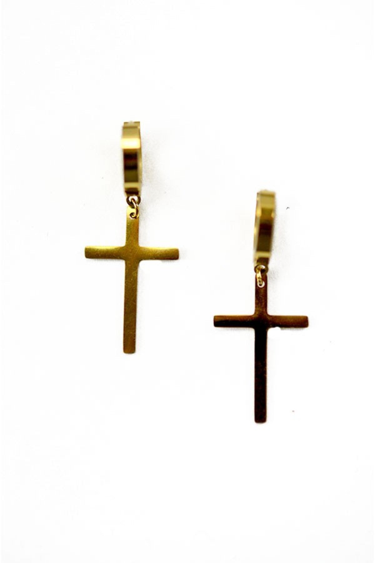 A pair of elegant stainless steel cross dangle earrings, showcasing a stylish design with a shiny finish.