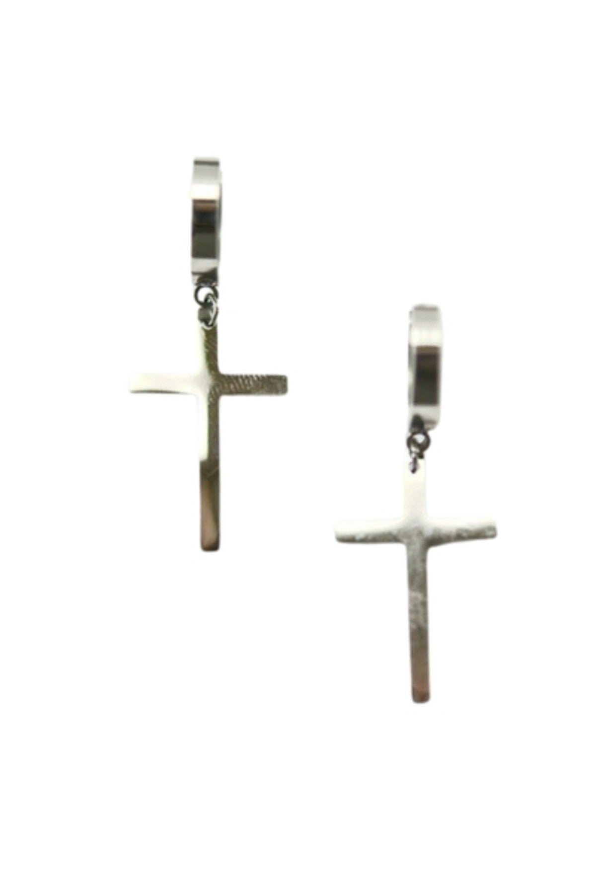 A pair of elegant stainless steel cross dangle earrings, showcasing a stylish design with a shiny finish.