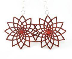 A pair of Cherry Red Star Flower Earrings made from sustainably sourced wood, featuring a unique star and flower design with silver-finished stainless steel ear wires.