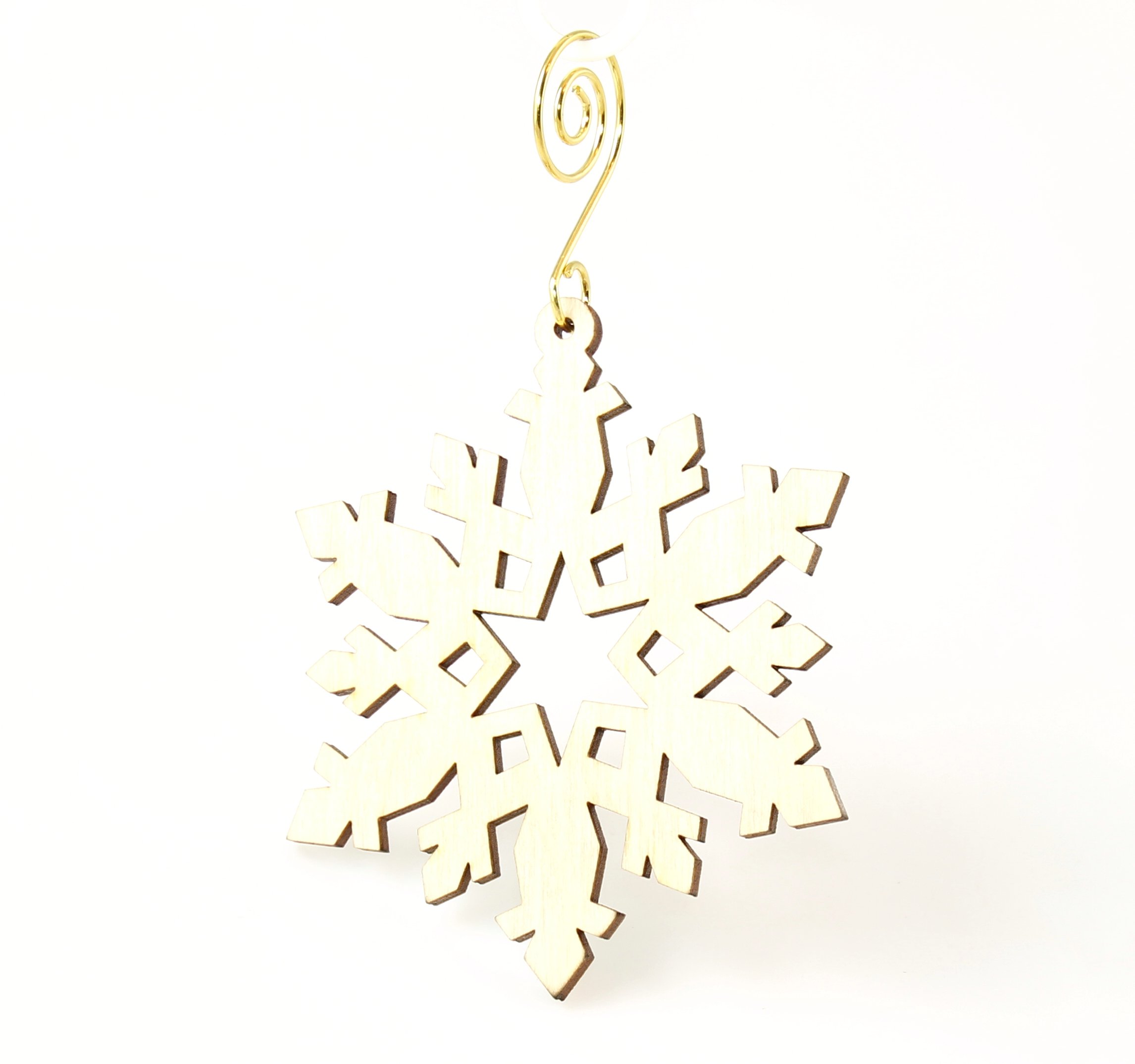 Star Snowflake Ornament #9994 made from eco-friendly birch wood, featuring a laser-cut design in a star shape, measuring 2.6" x 3".