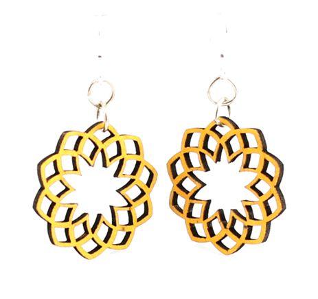 Starburst Blossoms #142 earrings in Sunrise color, showcasing intricate laser-cut wood design and silver-finished hypoallergenic ear wires.