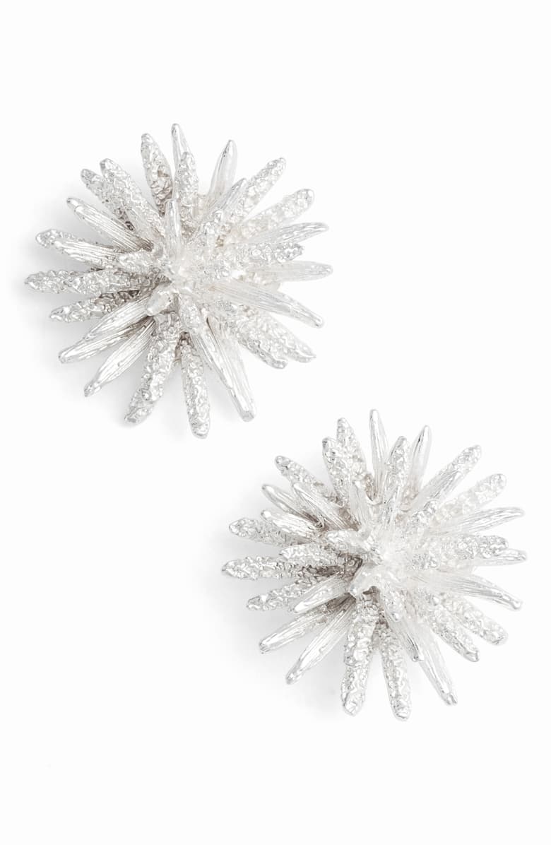 A pair of stunning Starburst earrings featuring textured coral design, available in 24 kt gold and sterling silver plating, perfect for coastal elegance.