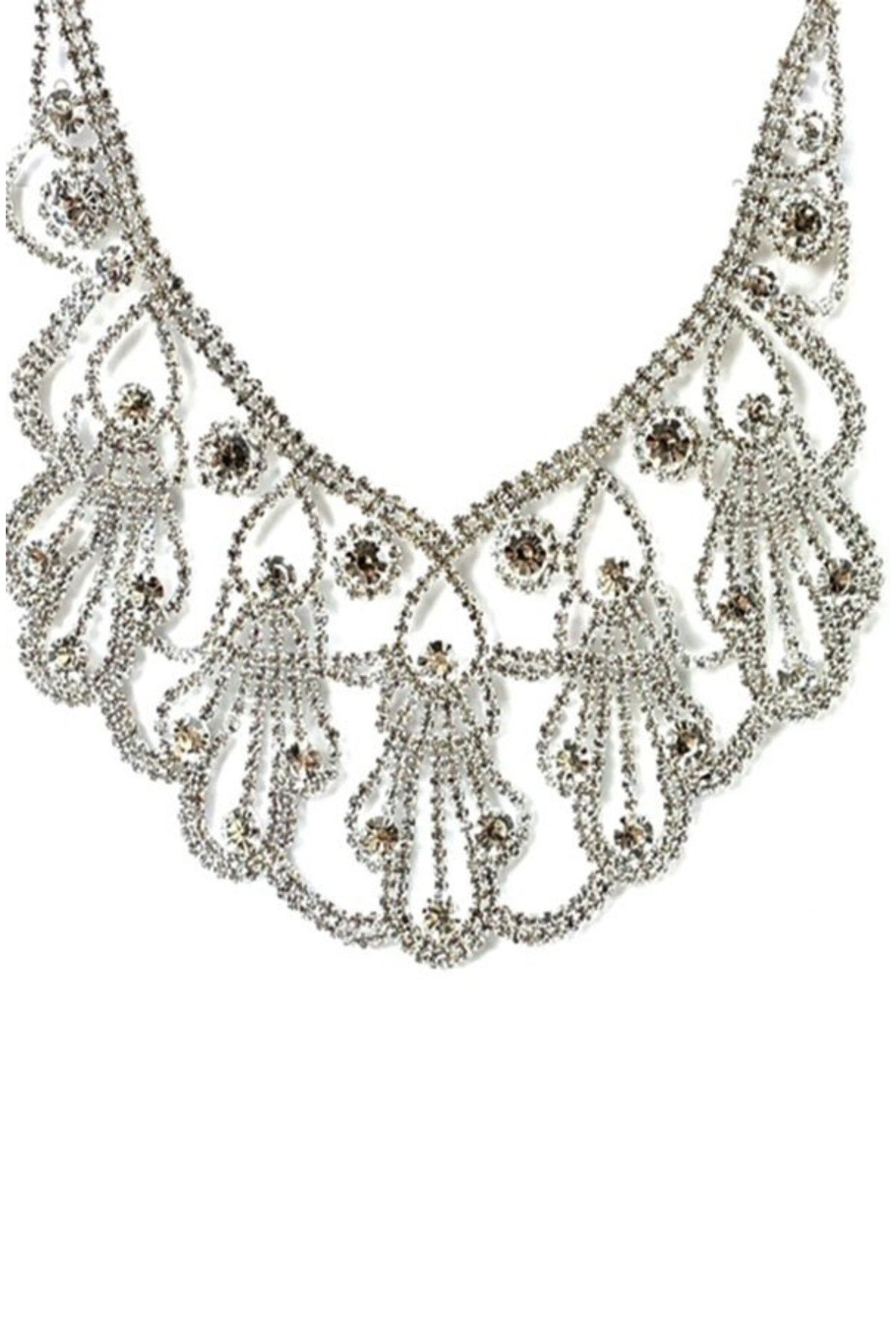 A stunning rhinestone accent chandelier statement necklace set with a lobster claw clasp and extender.