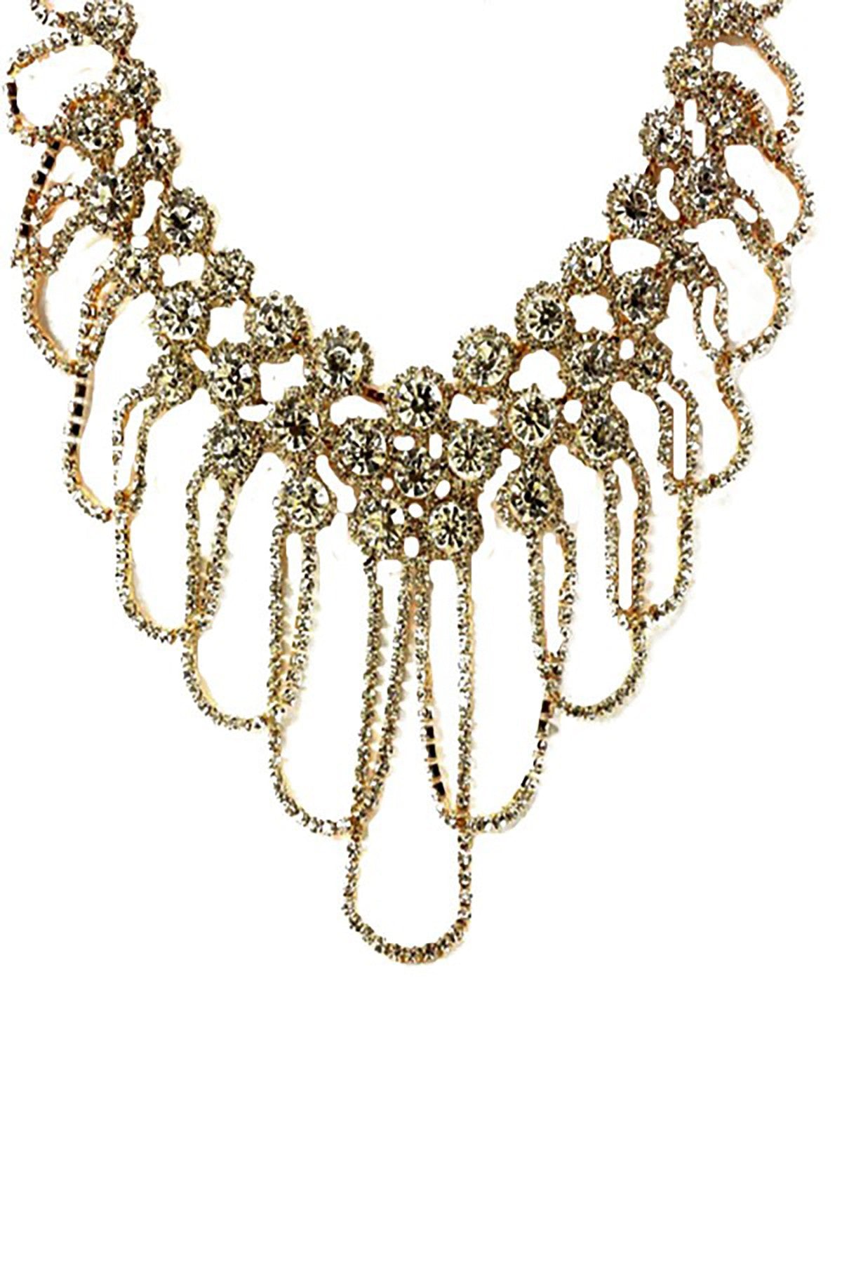 Elegant chandelier statement necklace set with rhinestone accents, featuring a lobster claw clasp and adjustable length.