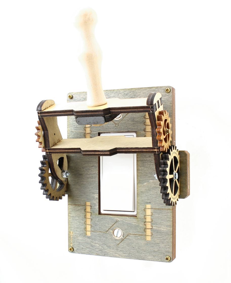 Steampunk Rocker Throw Switch - 8101A featuring gray plate and tan gears, designed for a vintage aesthetic.